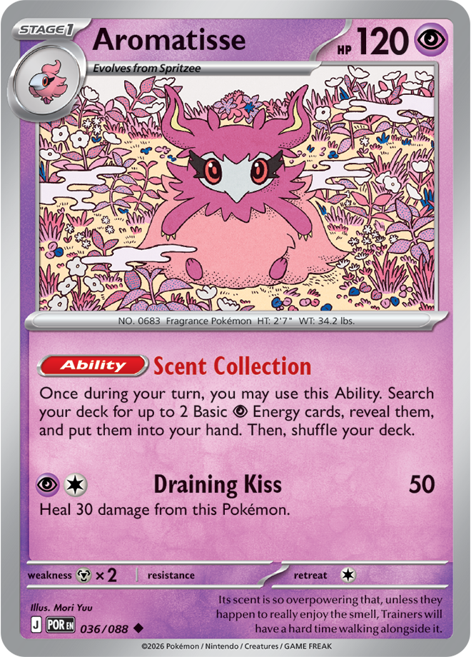 Pokémon trading card featuring Aromatisse with pink and purple design