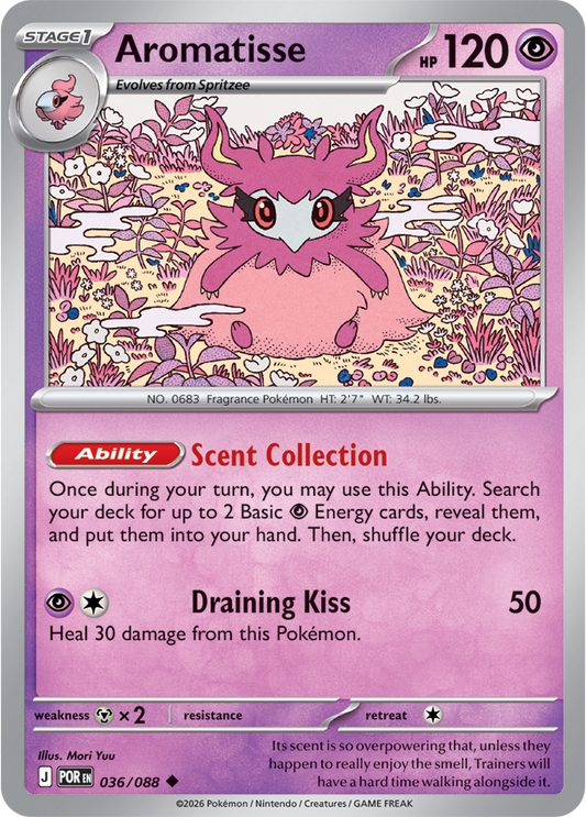 Pokémon trading card featuring Aromatisse with pink and purple design