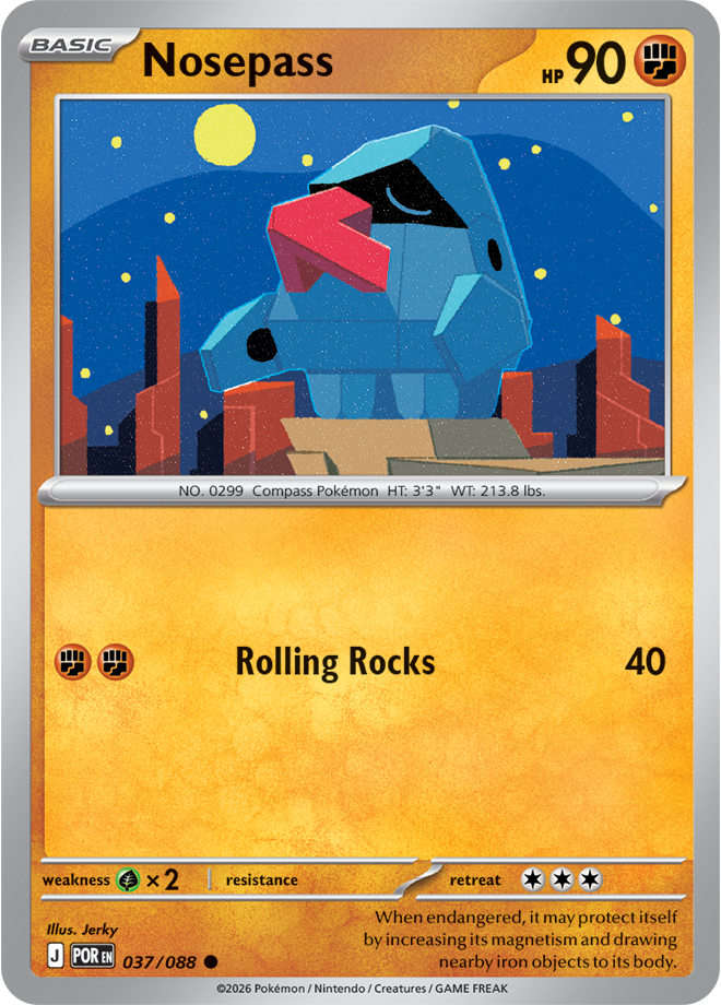 Pokémon trading card featuring a blue creature with a red nose against a cityscape background.