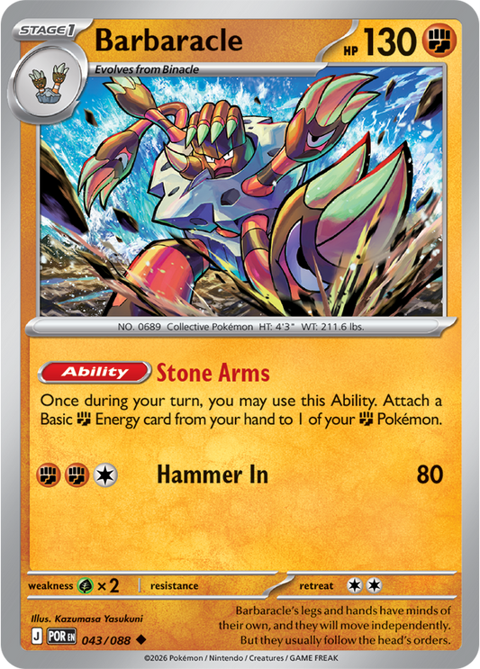 Pokémon trading card featuring Barbaracle with colorful design and text.