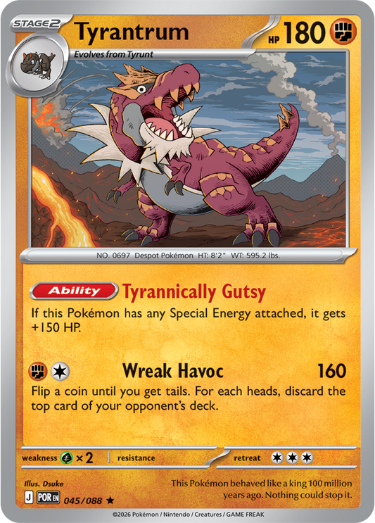 Pokémon trading card featuring Tyrantrum with a fiery background