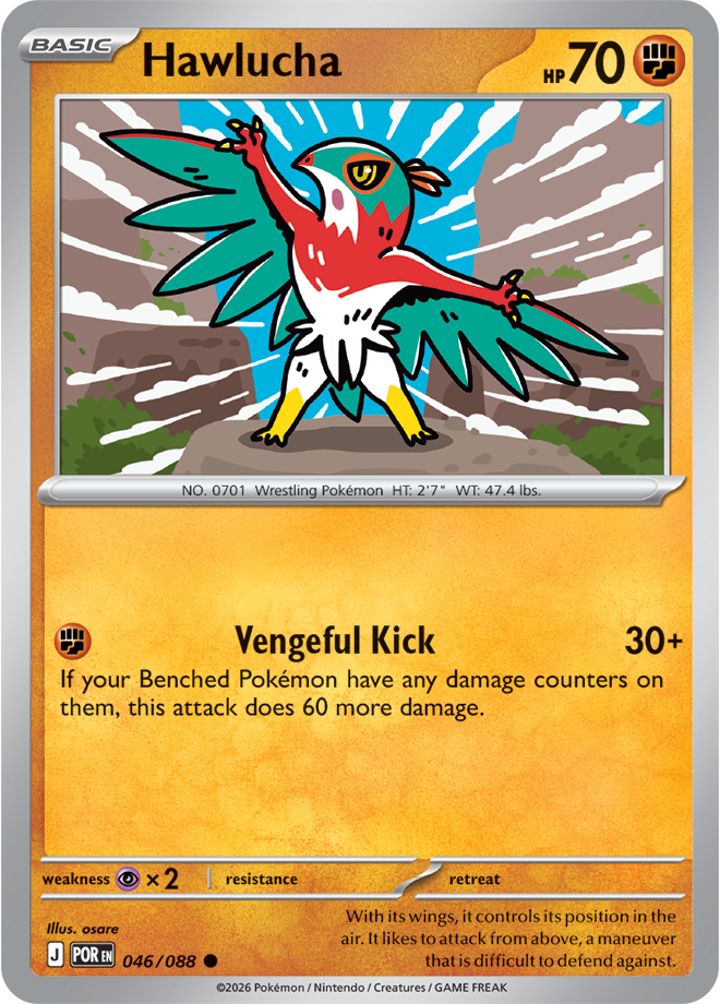Pokémon trading card featuring Hawlucha with a colorful design on an orange background
