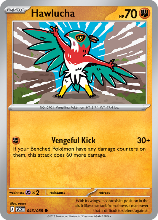 Pokémon trading card featuring Hawlucha with a colorful design on an orange background