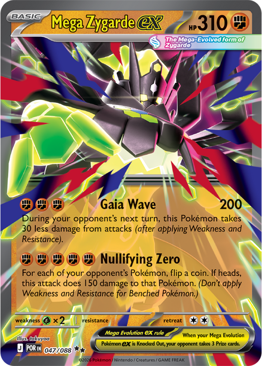 Pokémon trading card featuring Mega Zygarde EX with colorful design and text.