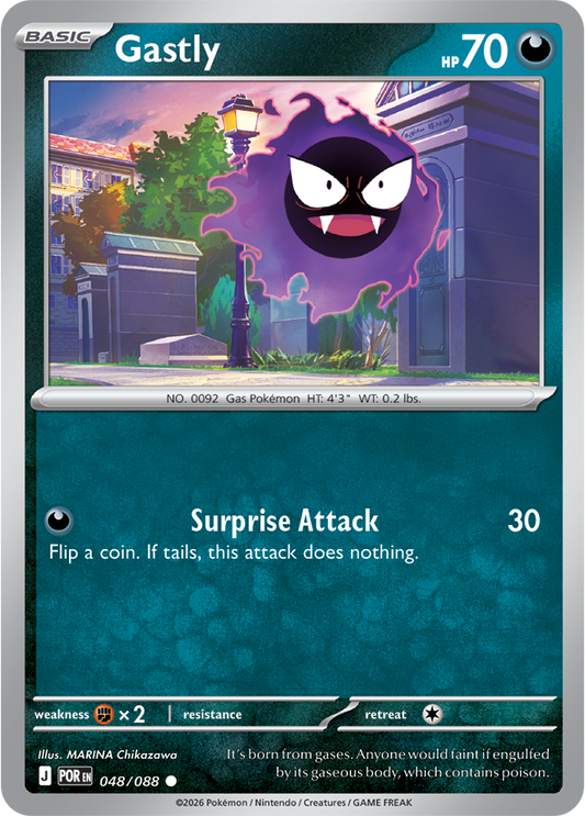 Pokémon trading card featuring Gastly with a blue gradient background