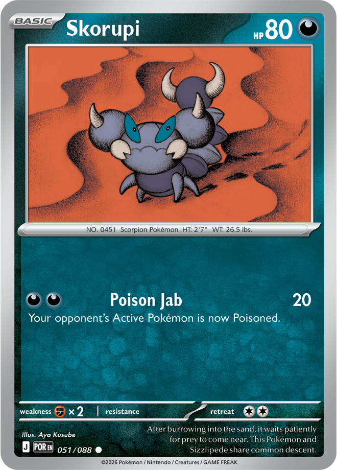 Pokémon trading card featuring Skorupi with a blue and orange design.