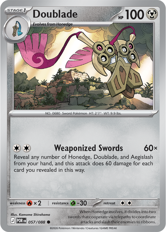 Pokémon trading card featuring Doublade with a scenic background
