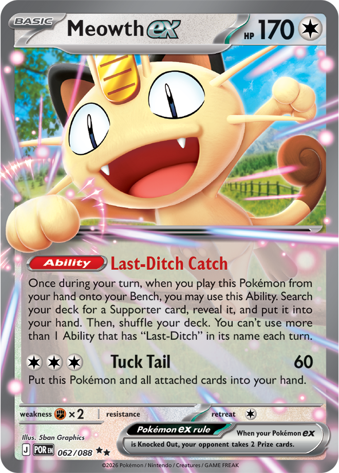 Pokémon trading card featuring Meowth EX with abilities and stats displayed.