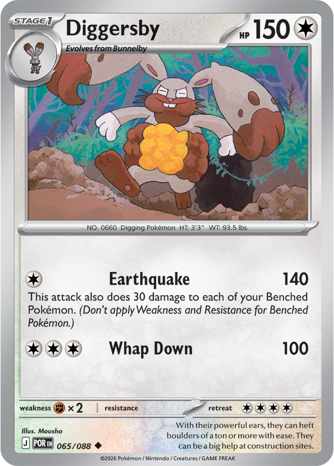 Pokémon trading card featuring Diggersby with cartoon illustration and game details.