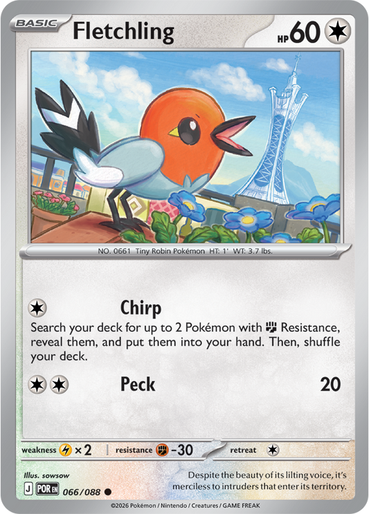 Pokémon trading card featuring Fletchling with a scenic background