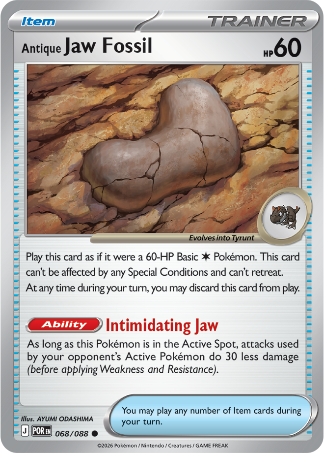 Pokémon trading card featuring an 'Antique Jaw Fossil' with detailed text and graphics.