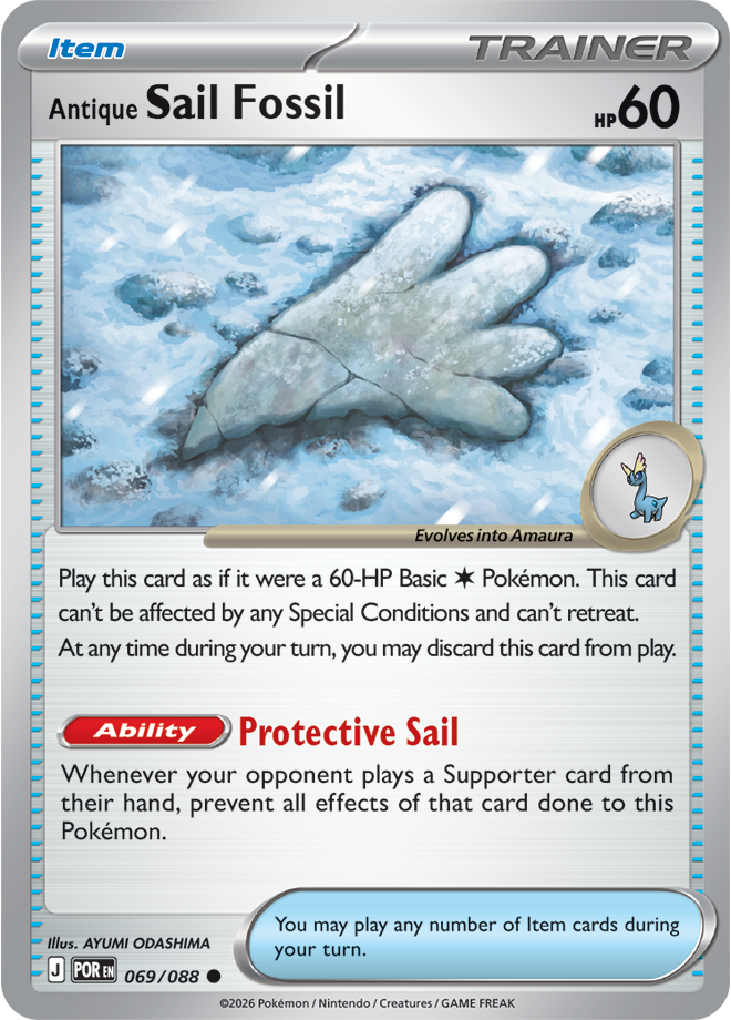 Pokémon trading card featuring 'Antique Sail Fossil' with detailed text and graphics.