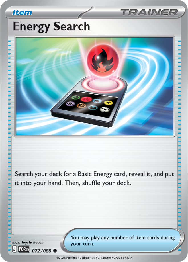 Pokémon trading card featuring 'Energy Search' with a Poké Ball and energy cards on a blue and red background.