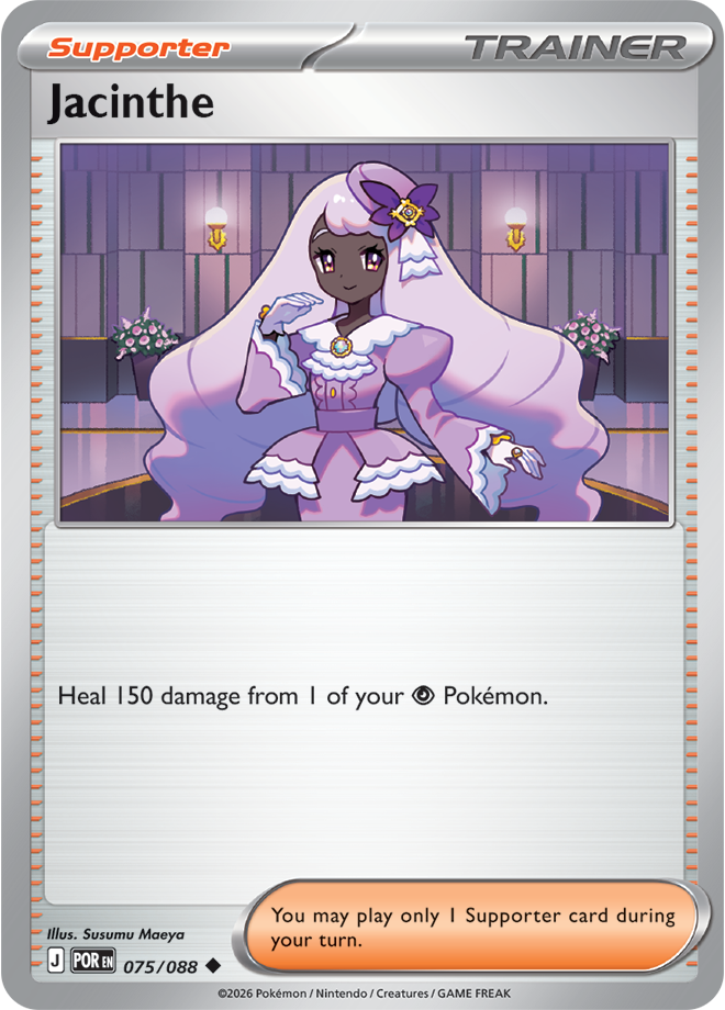 Pokémon trading card featuring a character named Jacinthe with a purple dress and white cape.