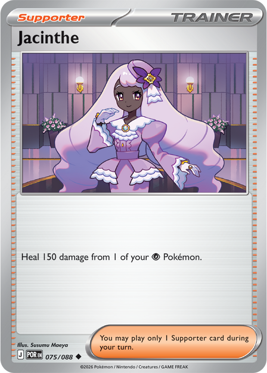 Pokémon trading card featuring a character named Jacinthe with a purple dress and white cape.