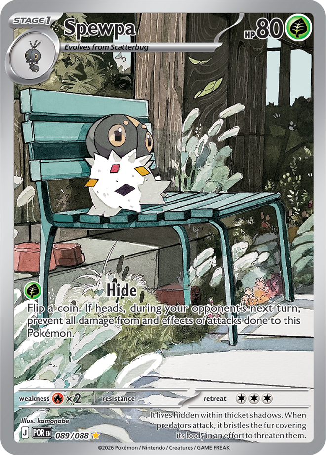Pokémon trading card featuring Spewpa on a chair with nature background