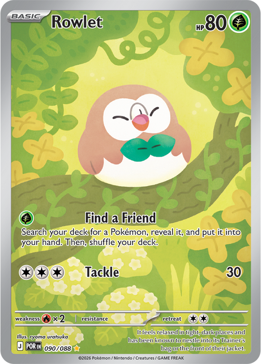 Pokémon trading card featuring Rowlet with a green and yellow floral background
