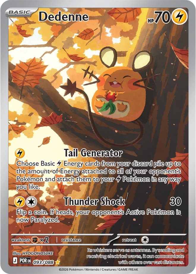 Pokémon trading card featuring Dedenne with autumn-themed background