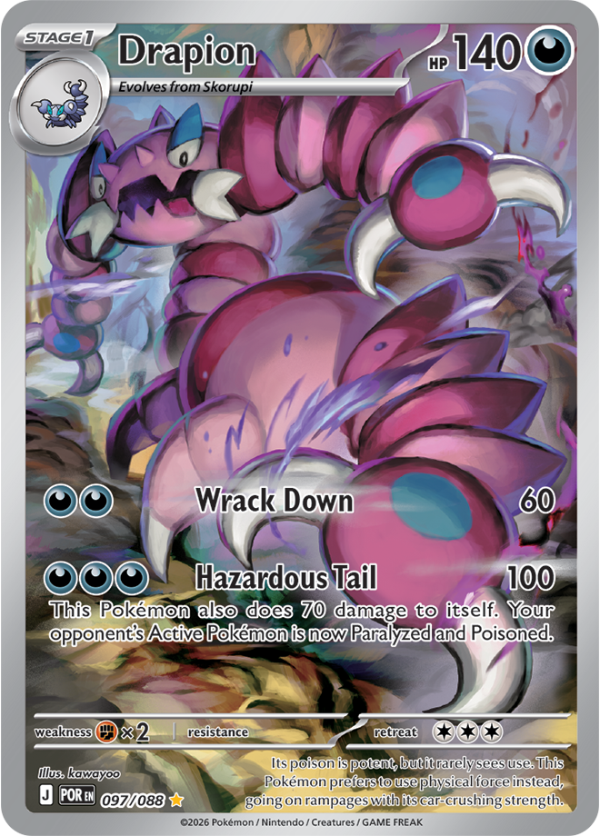 Pokémon trading card featuring a pink and purple dragon-like creature named Drascore.