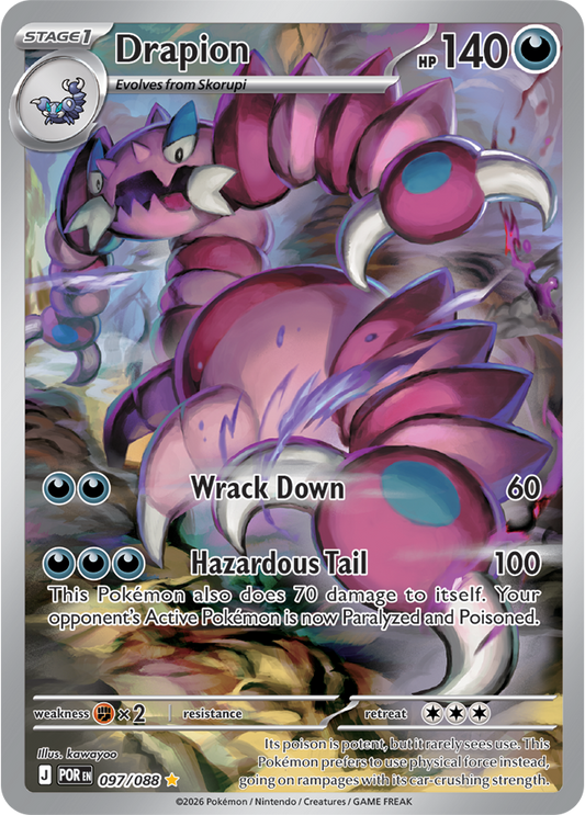 Pokémon trading card featuring a pink and purple dragon-like creature named Drascore.