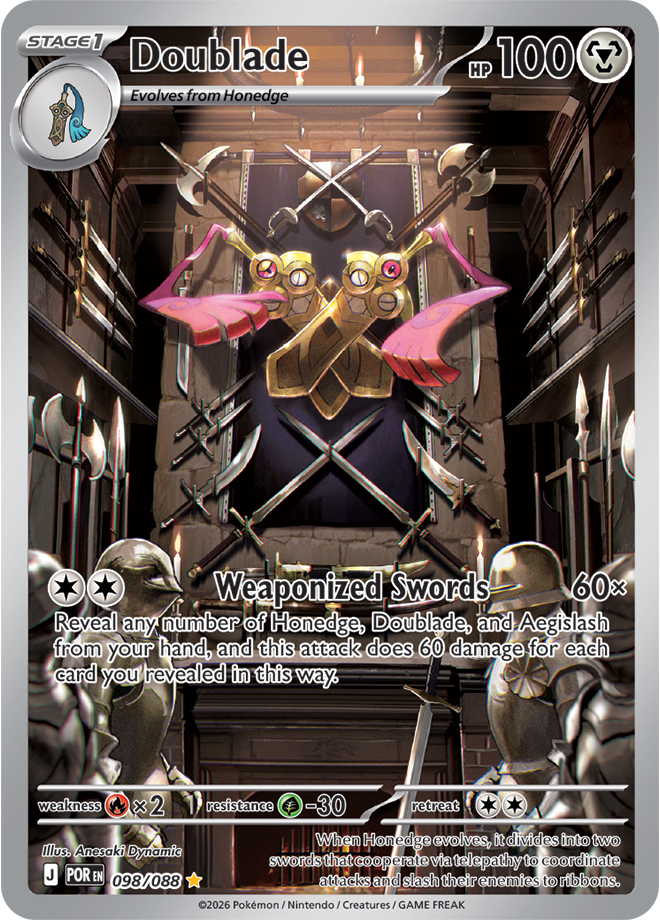 Trading card featuring a character with weaponized swords in a dark, industrial setting