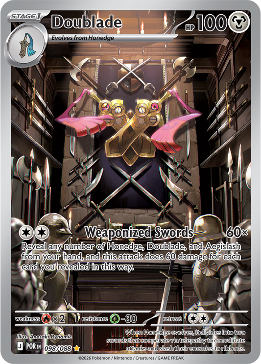 Trading card featuring a character with weaponized swords in a dark, industrial setting