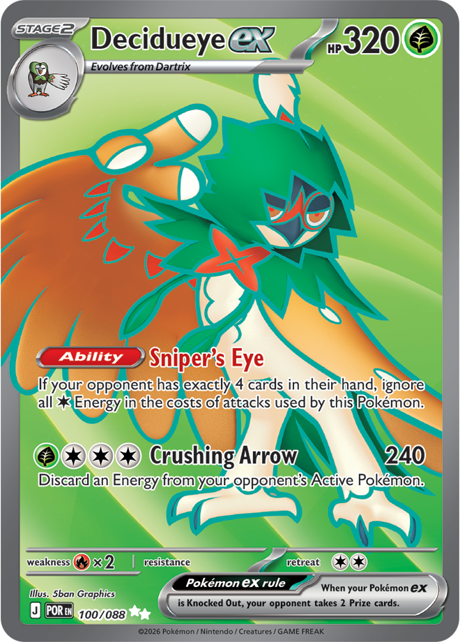 Pokémon trading card featuring Decidueye EX with green and orange design on a gray border.