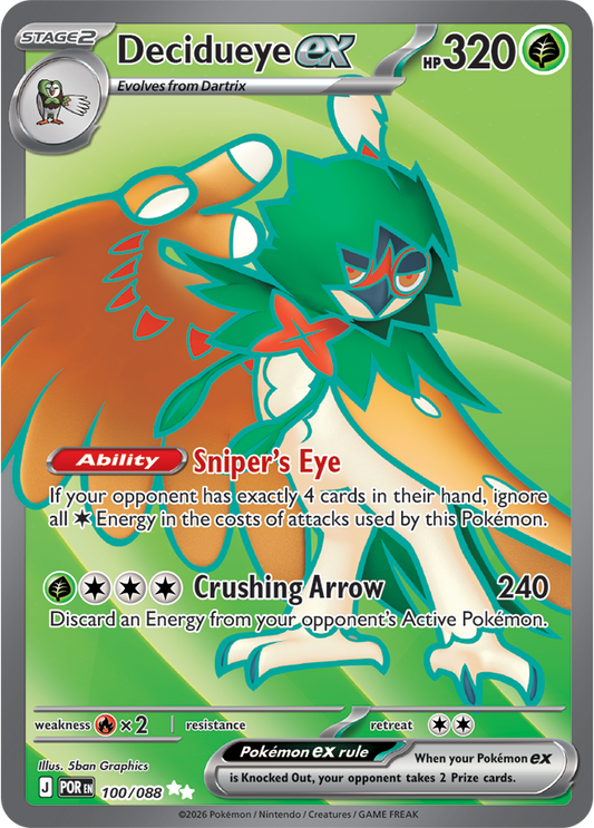 Pokémon trading card featuring Decidueye EX with green and orange design on a gray border.