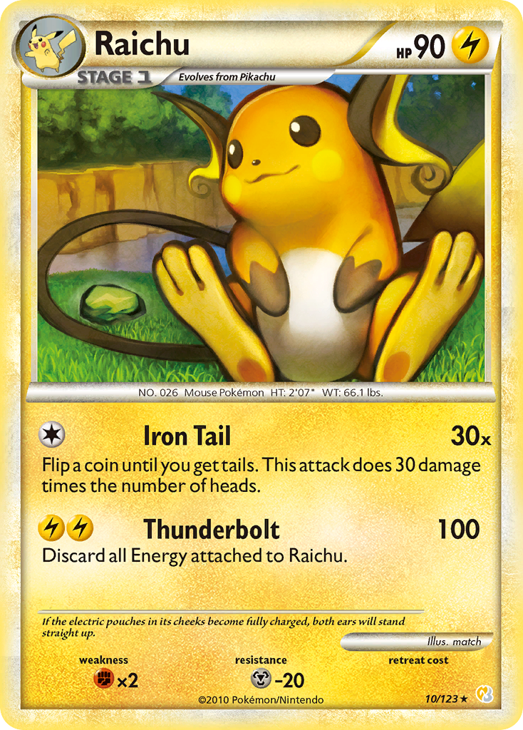 Raichu 10/123 Pokémon HeartGold & SoulSilver (2010) English card — catalogue reference