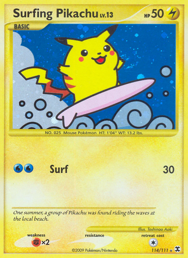 Surfing Pikachu 114/111 Pokémon Rising Rivals (2009) English card — catalogue reference