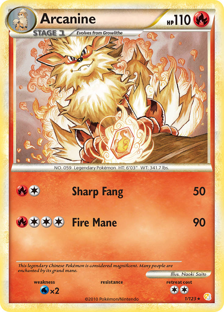Arcanine 1/123 Pokémon HeartGold & SoulSilver (2010) English card — catalogue reference