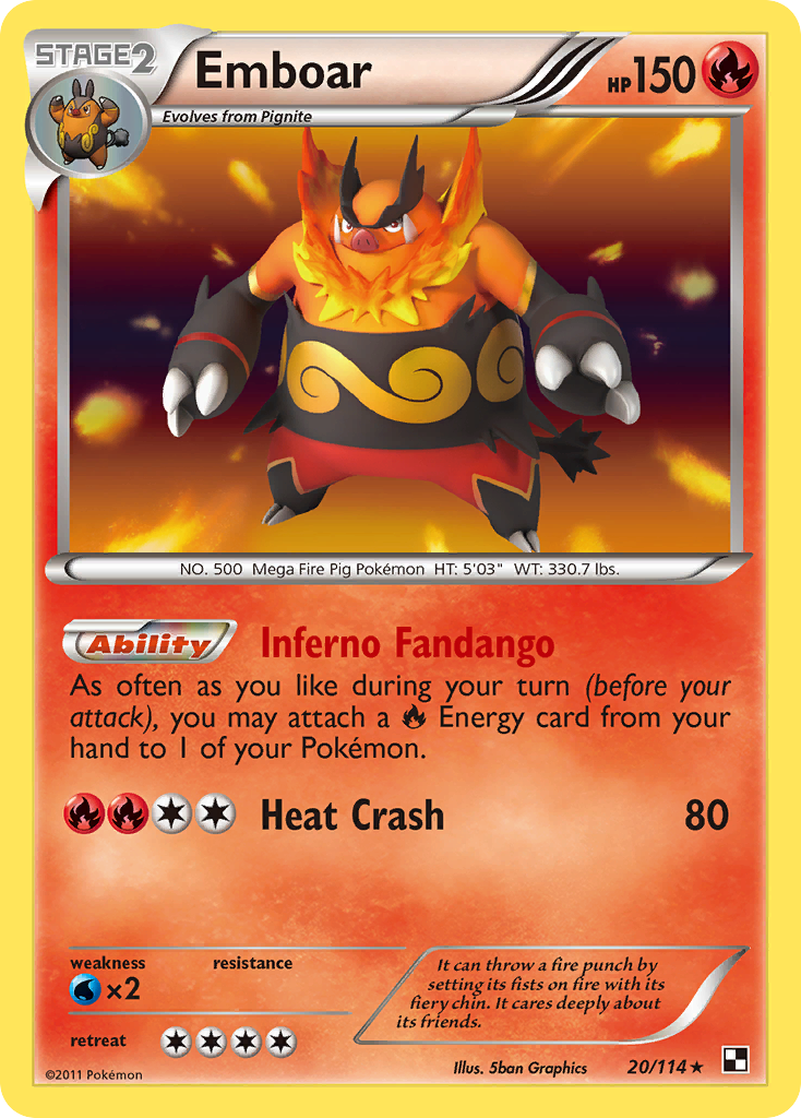 Emboar 20/114 Pokémon Black & White (2011) English card — catalogue reference