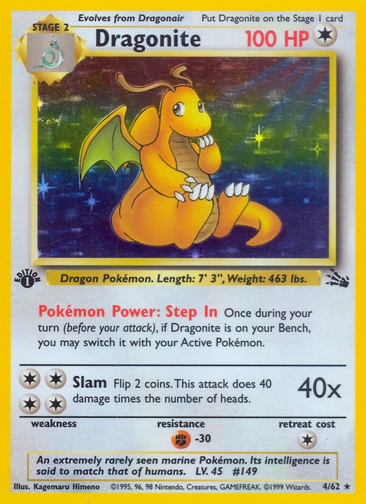 Dragonite Pokémon card with yellow border and detailed text
