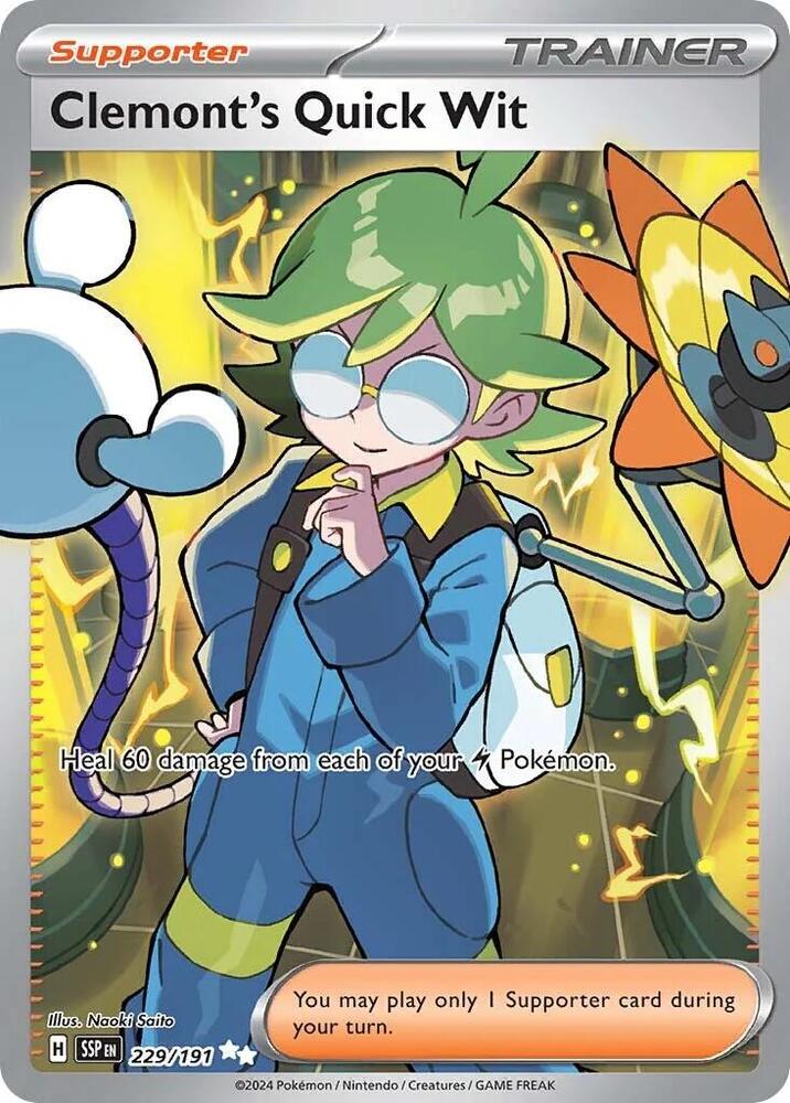 Clemont's Quick Wit Ultra Rare SV08: Surging Sparks 229/191 NM (Back)