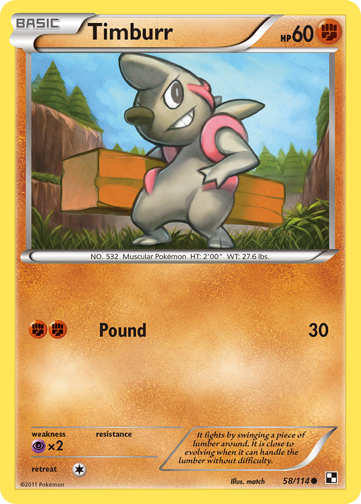 Timburr 58/114 Pokémon Black & White (2011) English card — catalogue reference