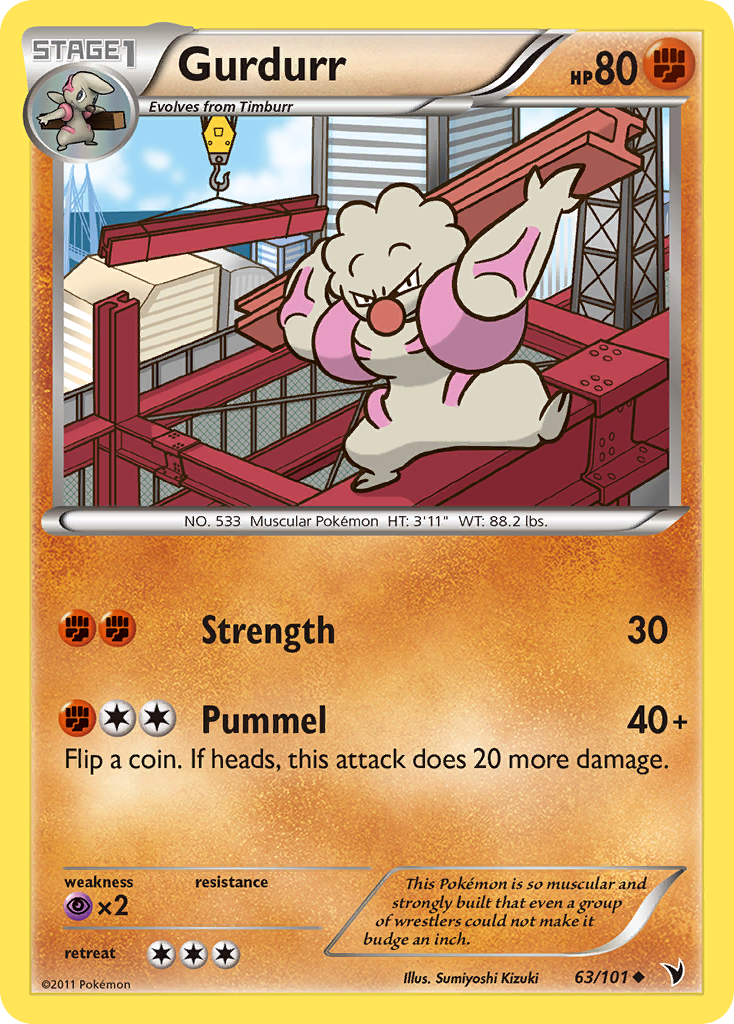 Gurdurr 63/101 Pokémon Noble Victories (2011) English card — catalogue reference