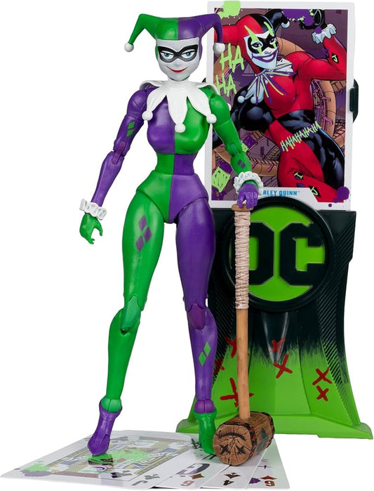 Action figure of a character in a green and purple costume with a stand featuring the DC logo.