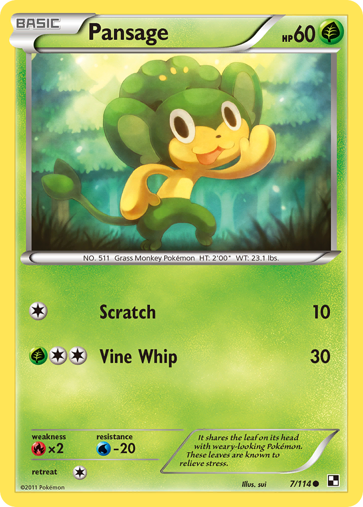 Pansage 7/114 Pokémon Black & White (2011) English card — catalogue reference