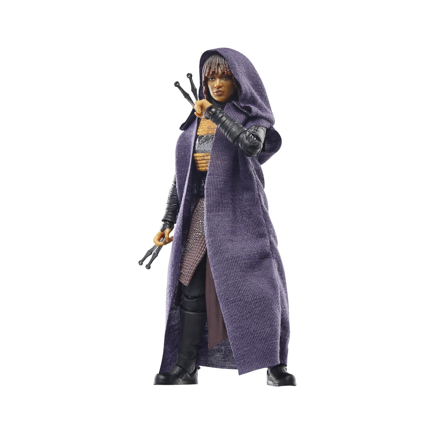 Action figure in a long purple robe holding a weapon on a white background