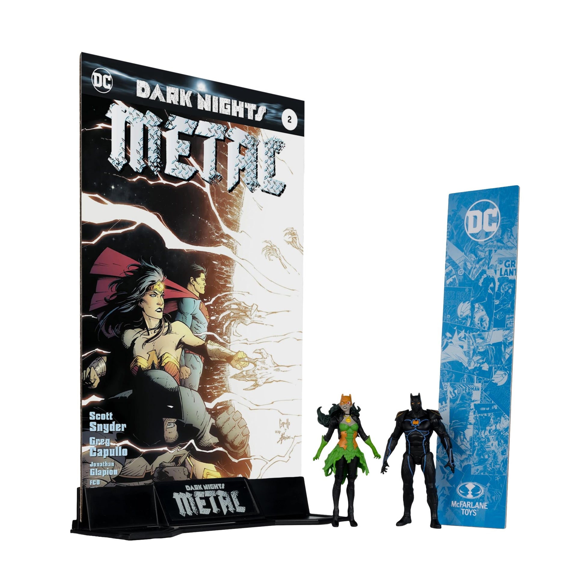 DC Comics 'Dark Nights: Metal' comic book and action figures on a white background