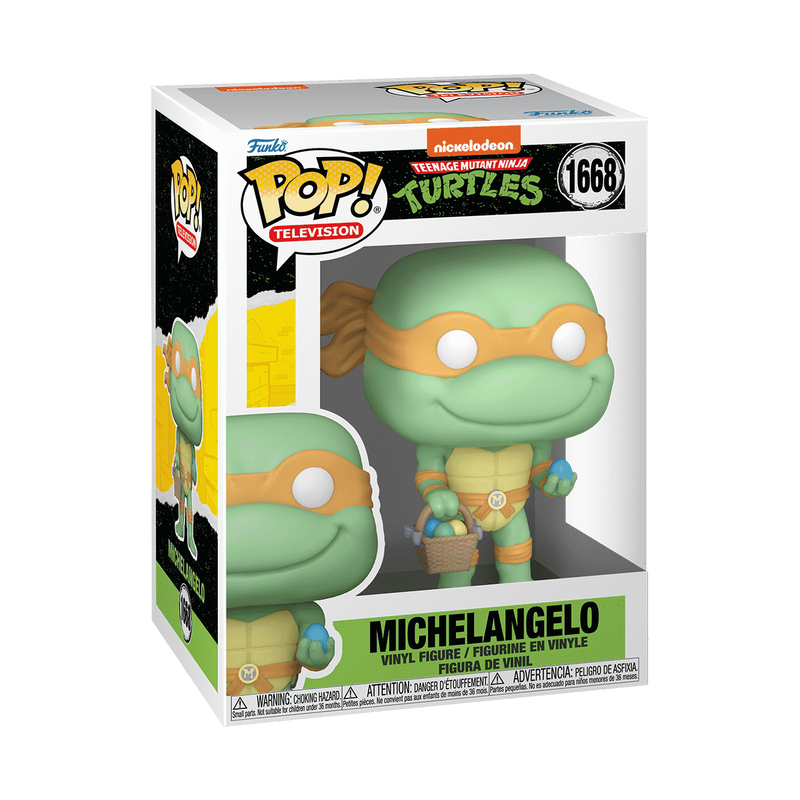 Funko Pop! Michelangelo figure packaging with branding and product details.