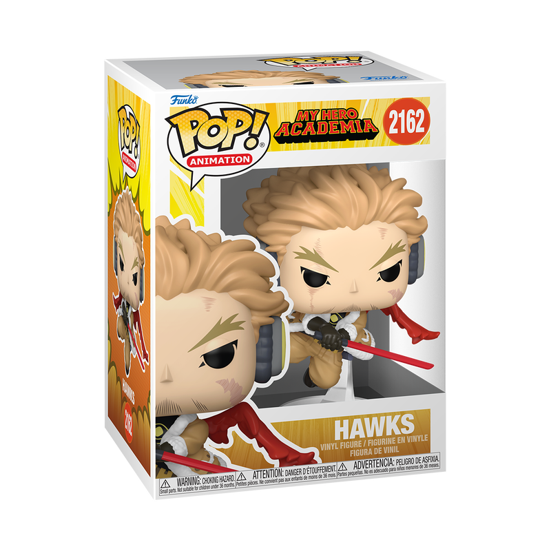Funko Pop! vinyl figure packaging for Hawks from My Hero Academia with colorful design and character illustration.