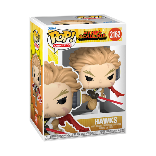 Funko Pop! vinyl figure packaging for Hawks from My Hero Academia with colorful design and character illustration.