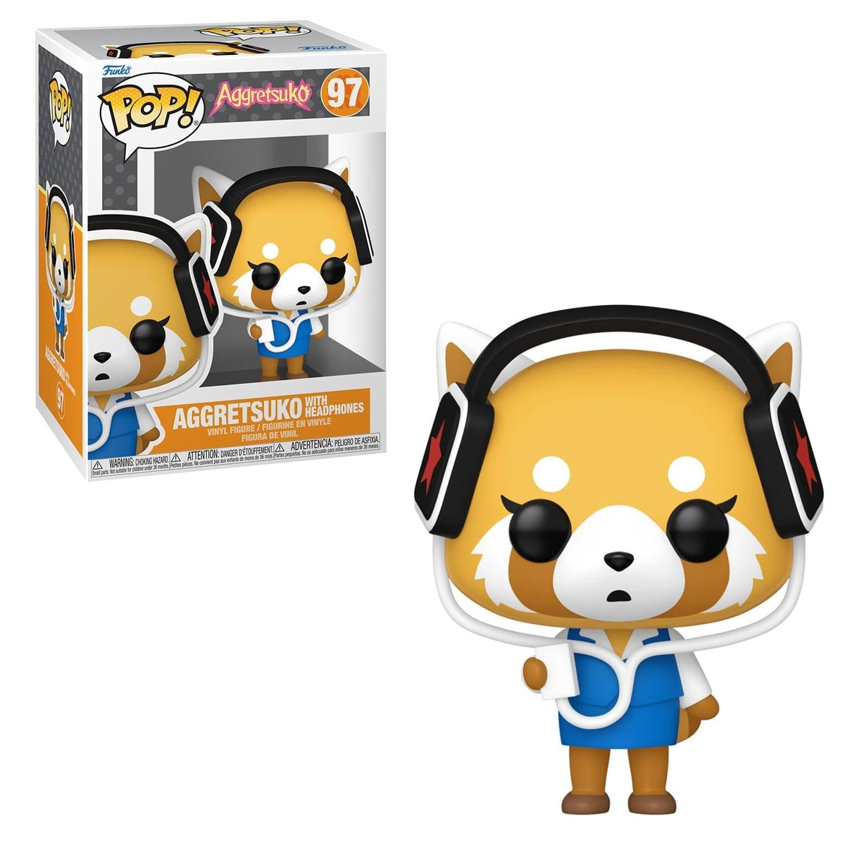 Funko Pop! vinyl figure of Aggretsuko with headphones next to its packaging on a white background