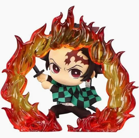 Figurine with character surrounded by flames on a white background