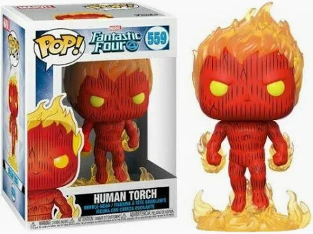Funko Pop! vinyl figure of the Human Torch next to its packaging