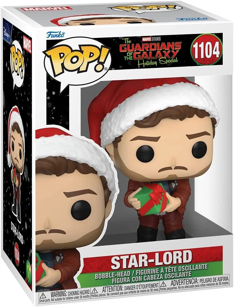 Funko Pop! Star-Lord figure in a Christmas-themed box with Santa hat and gift.