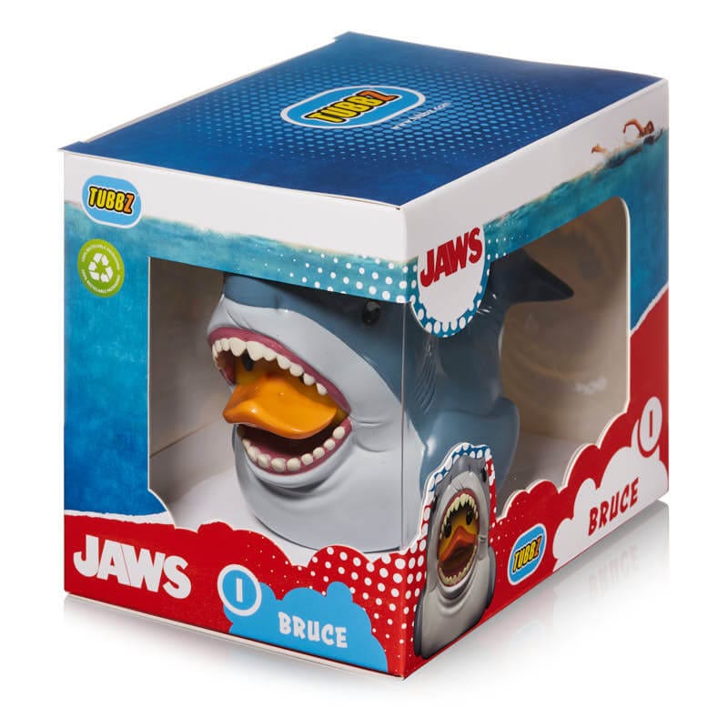 Rubber duck toy in packaging with 'Jaws' branding