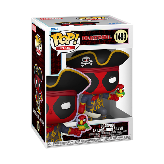 Funko Pop! vinyl figure packaging with 'Deadpool as Long John Silver' design on a white background