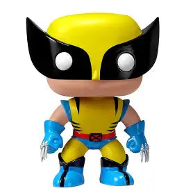 Toy figure of a superhero with yellow head, blue gloves, and black mask on a white background